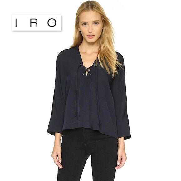 IRO Alis Lace Up Tie Front V-Neck Blouse Top 38 / 6 Navy Boxy Flowy Minimalist - Picture 3 of 16